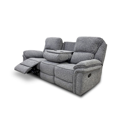‘Belmont’ Grey Fabric Manual Recliner 3 Seater Sofa with Drop Down Cup Holders