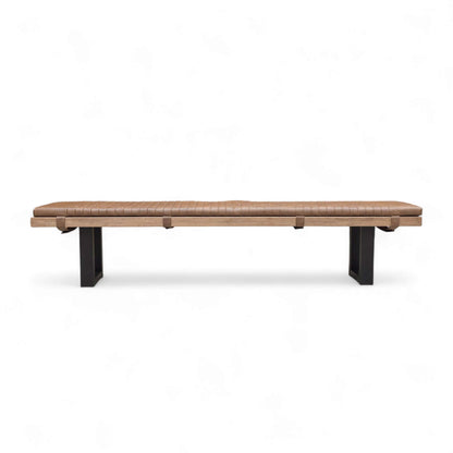 Long brown bench with black legs on a white background