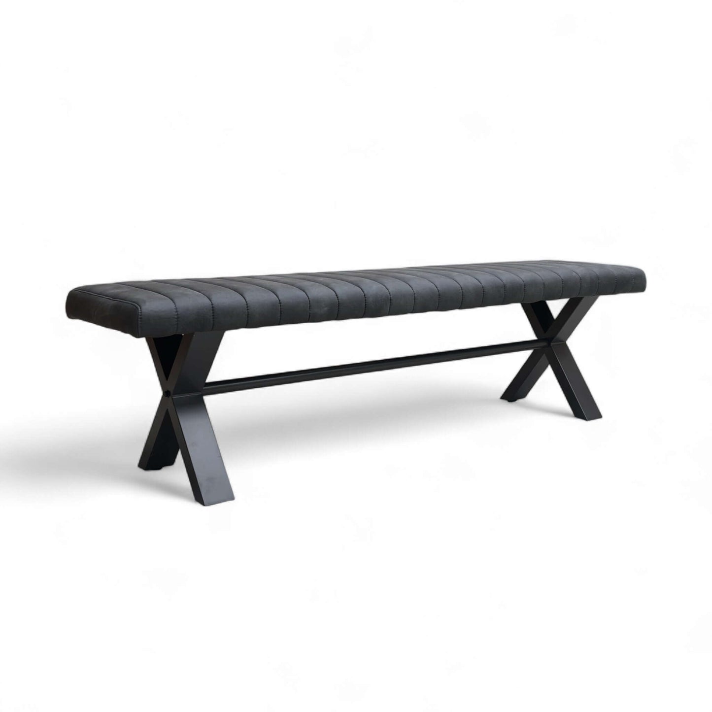 Gray leather bench with X-shaped legs on a white background