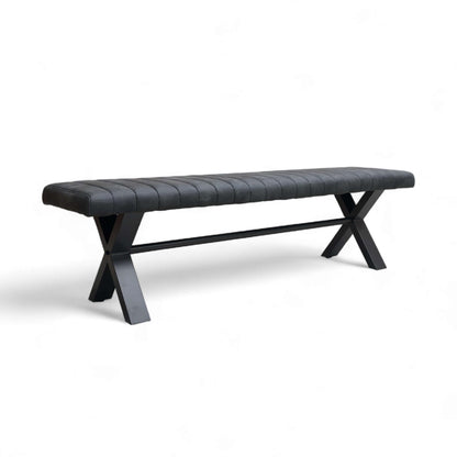 Gray leather bench with X-shaped legs on a white background