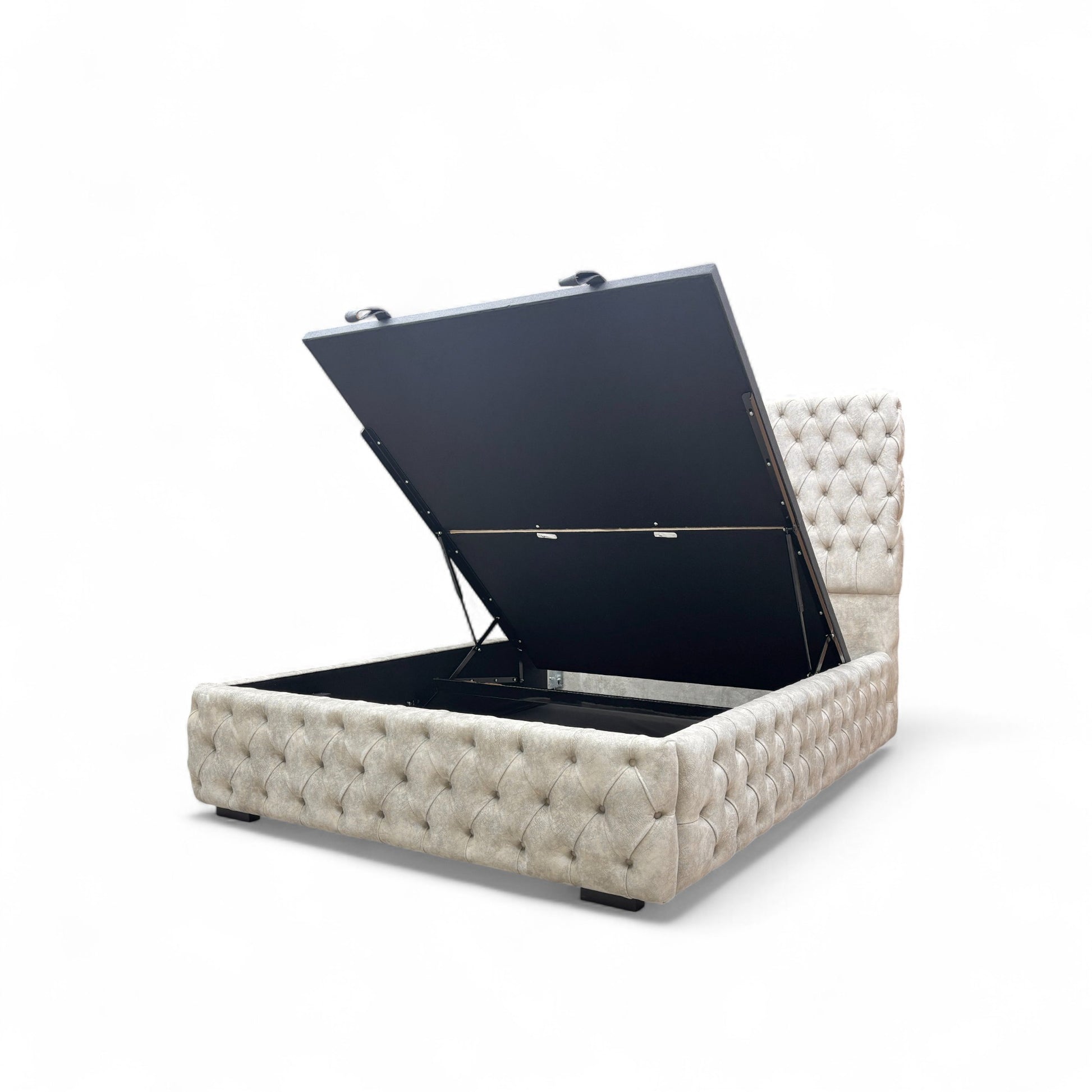 Spacious, open storage compartment revealed underneath the Belford king ottoman bed frame.