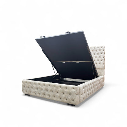 Spacious, open storage compartment revealed underneath the Belford king ottoman bed frame.