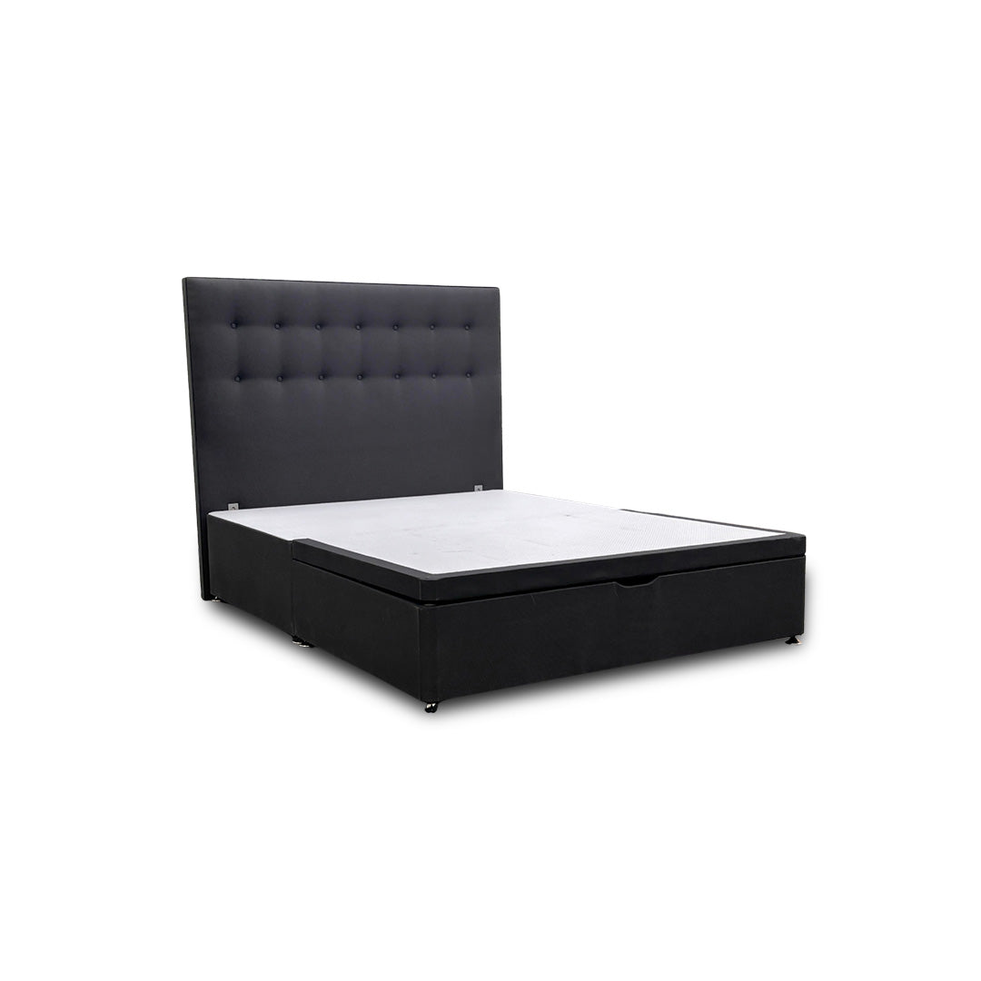 ‘Silentnight’ Charcoal Ebony Goya Fabric Divan Bed with Ottoman Storage + Floorstanding Headboard