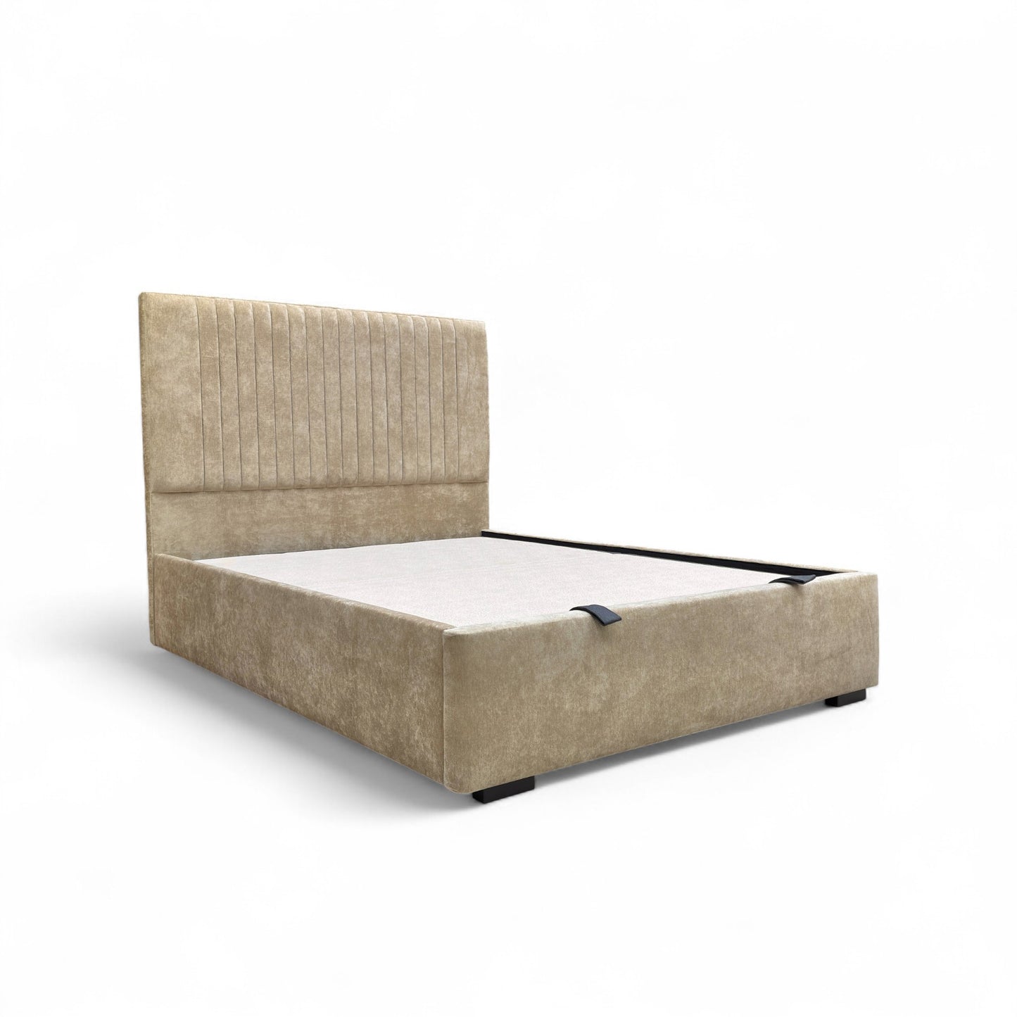 Beige upholstered bed with white mattress on a white background