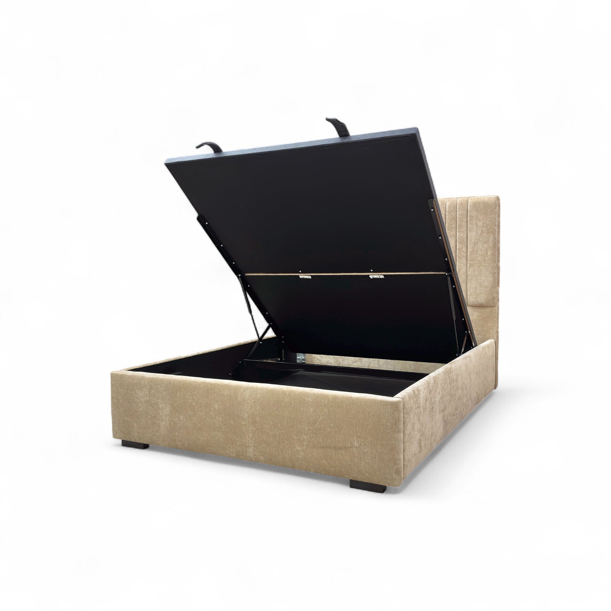 Beige upholstered bed with black lift-top storage compartment on a white background
