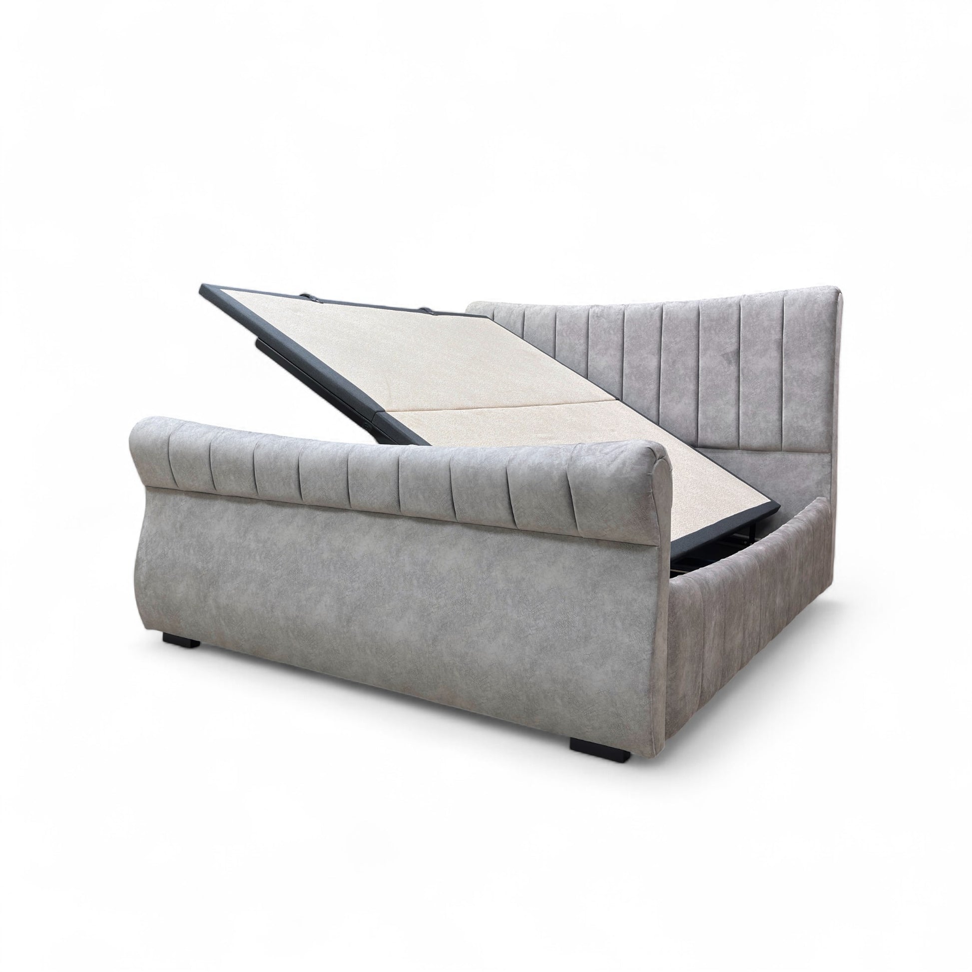Gray upholstered bed with storage compartments on a white background