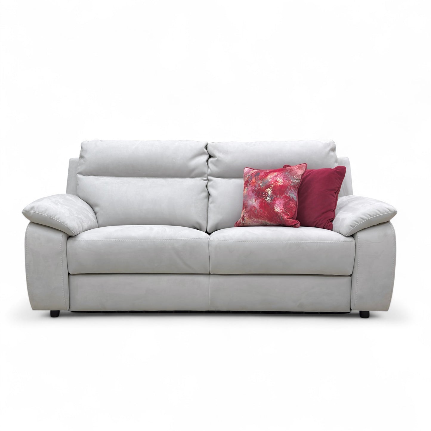 Full, front view of the Nicoletti ‘Pepino’ 3 Seater Sofa, upholstered in Silver Suede fabric, showcasing its modern, compact design.