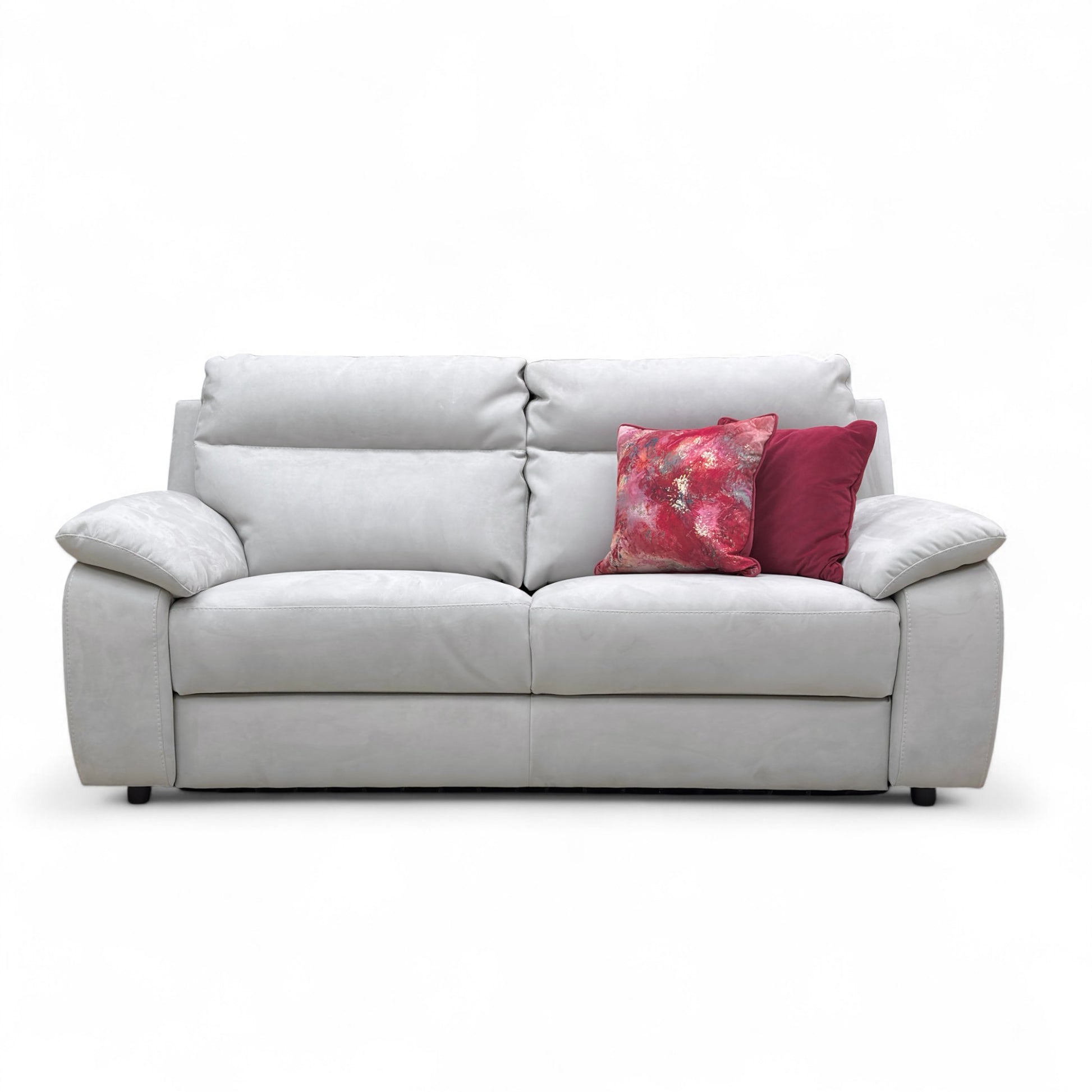 Full, front view of the Nicoletti ‘Pepino’ 3 Seater Sofa, upholstered in Silver Suede fabric, showcasing its modern, compact design.