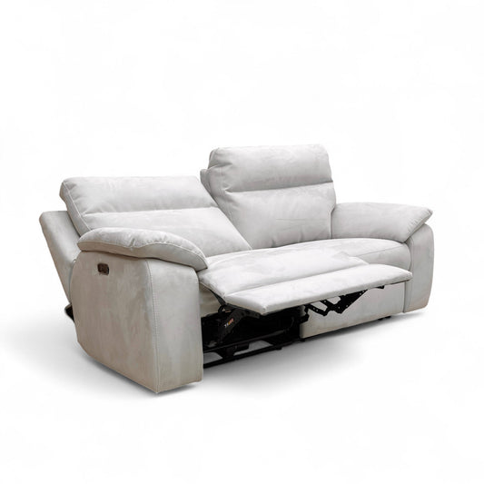 Full, slightly angled front view of the Nicoletti Pepino 3 Seater Power Recliner Sofa in silver suede fabric, in the fully upright position.