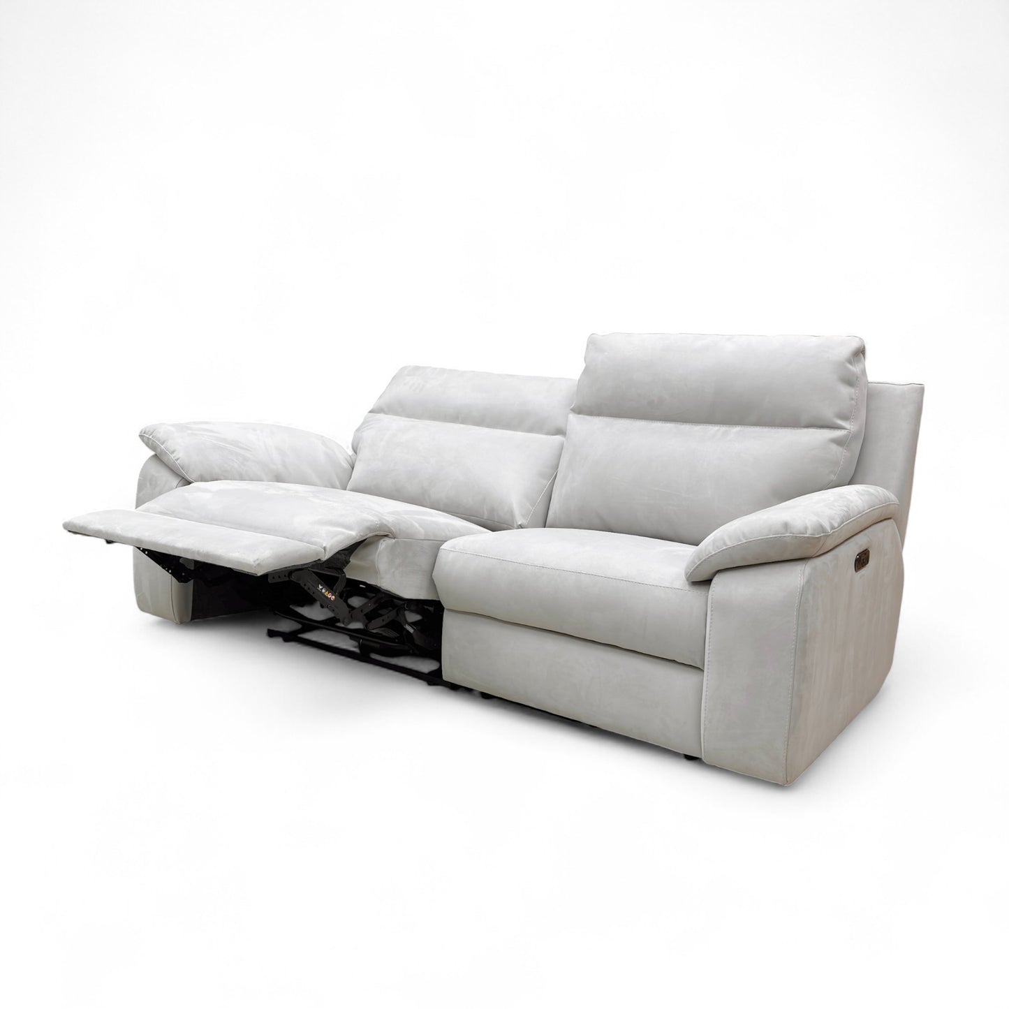 Angled view of the sofa with the footrests partially reclined, showing an intermediate relaxation position.