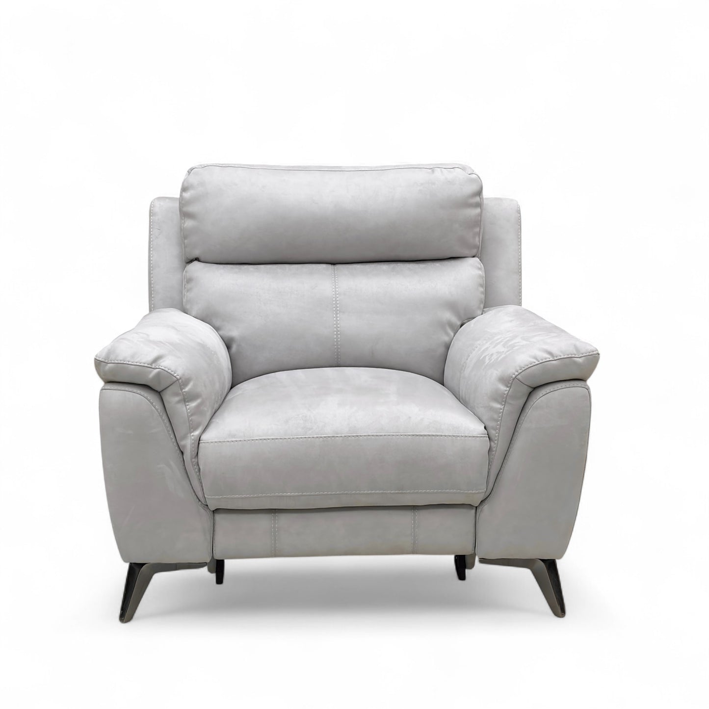 Full, front view of the Contempo Power Recliner Armchair upholstered in soft Bluish Grey Suede Fabric.