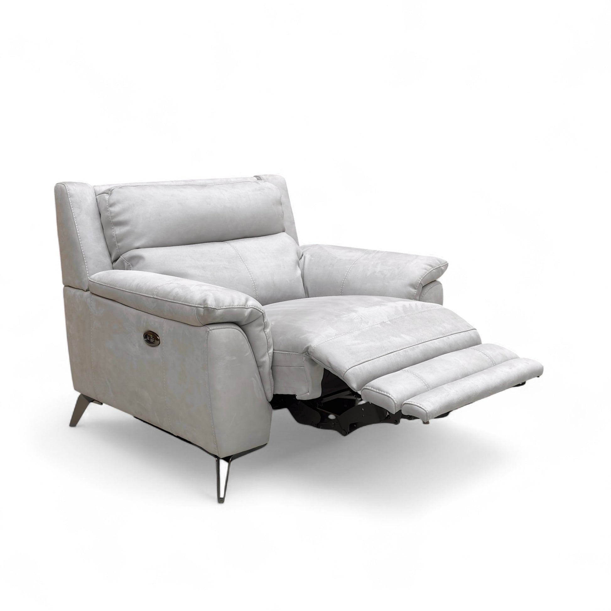 Angled view of the Bluish Grey Power Recliner Armchair with the footrest slightly raised, showing the high back and contemporary design.