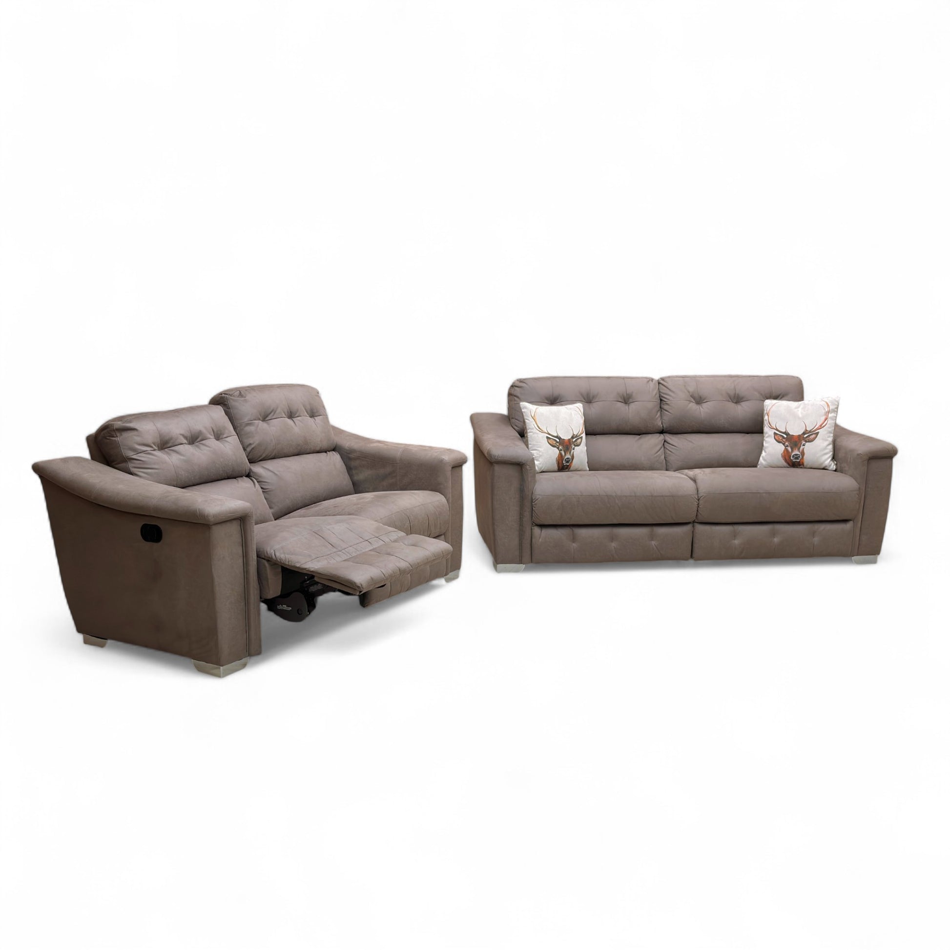 Full angled front view of the La-Z-Boy New Hollywood Sofa Set, showing the Grey Mory Suede 3 Seater Sofa and the 2 Seater Manual Recliner Sofa together.