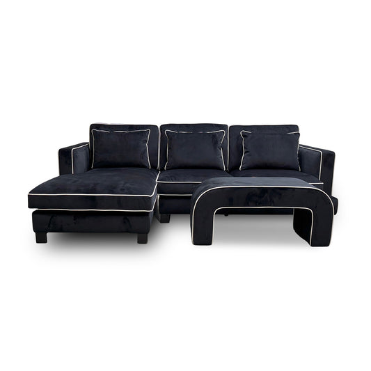 ‘Demure' Black Demure Velvet Left Hand Facing Arm 4 Seater Chaise Sofa + Banquette Footstool