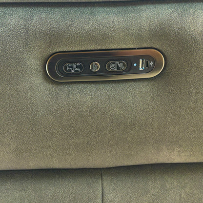 Detail shot of the power headrest on the corner unit, showing the smooth, adjustable mechanism and the soft velvet upholster