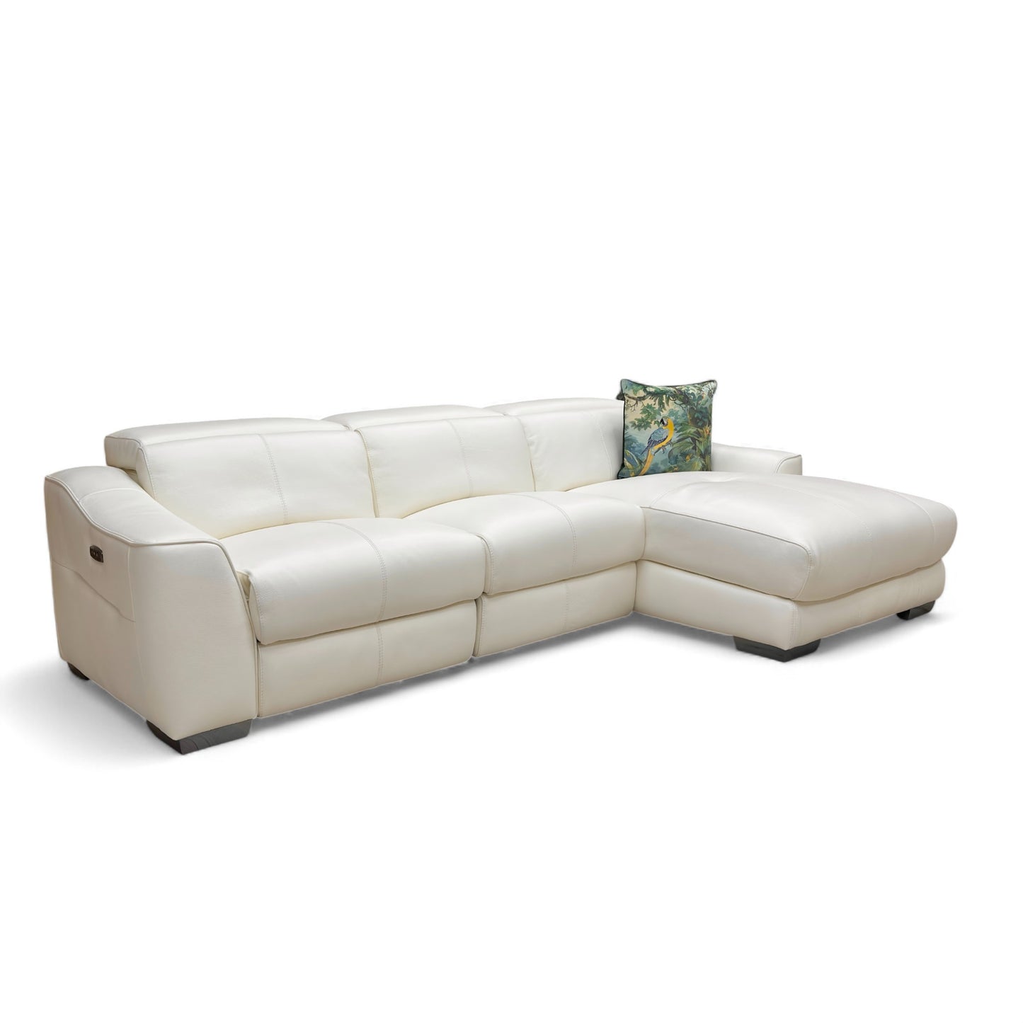 Side profile of the sofa's armrest, emphasizing the padded, contemporary styling in Star White leather