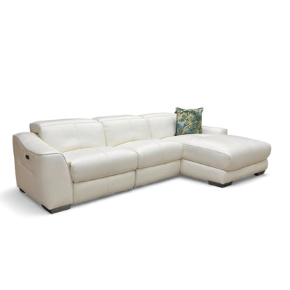 Side profile of the sofa's armrest, emphasizing the padded, contemporary styling in Star White leather