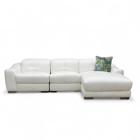 Angled view of the Star White leather Xavier power recliner sofa