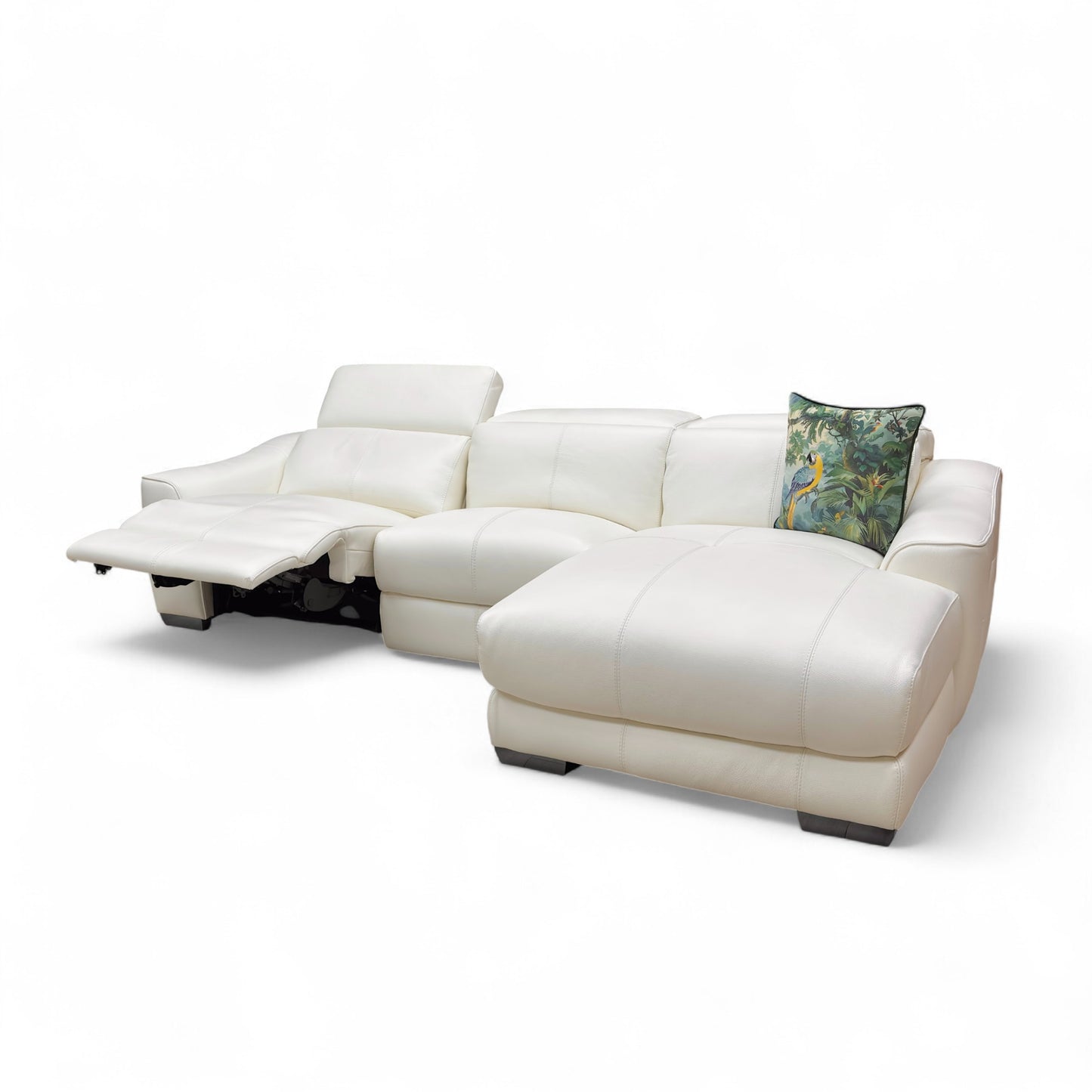 Detail shot of the sofa armrest, showing the silver power buttons and the integrated USB charging port