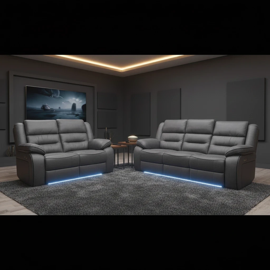 Living room view of the Vegas Charcoal Grey sofa set, showcasing the high-back support, deep-filled cushions, and modern cinema-style aesthetic.