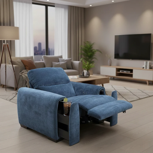Living room of Digital rendering of the Flex Fab-Can-R330 Armchair showcasing its steel blue velvet upholstery and electric recliner.