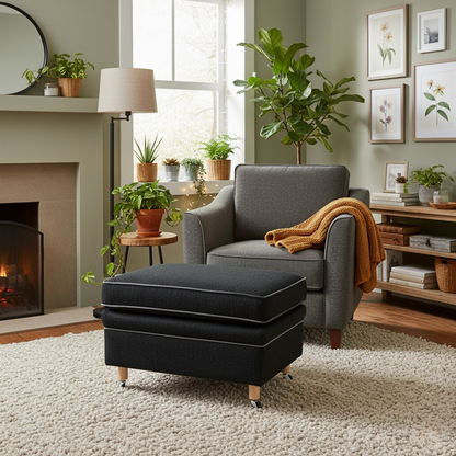 Duresta ‘McMann’ Navy Fabric Footstool on Caster Legs