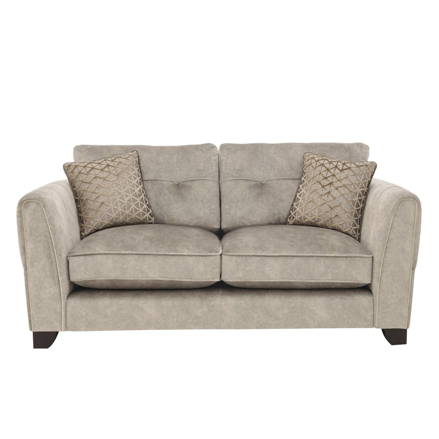 Gray sofa with decorative pillows on a white background