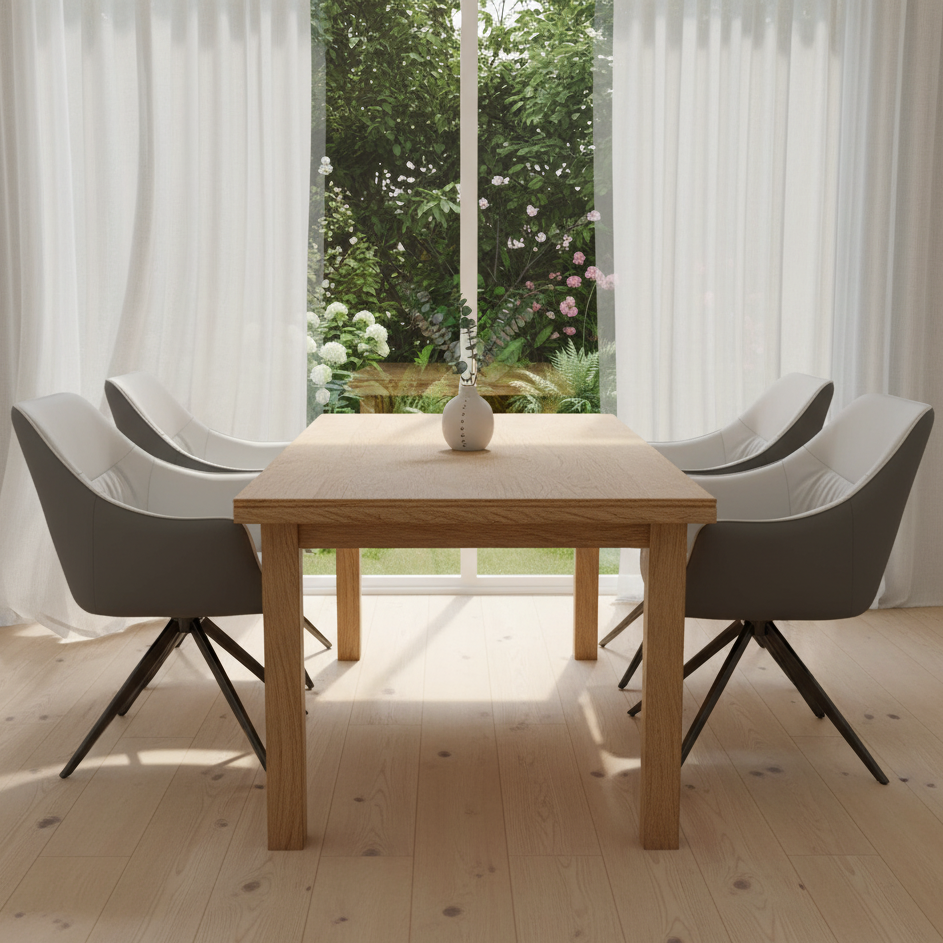 Dining area with a wooden table and four chairs in a bright room with white curtains and greenery outside.