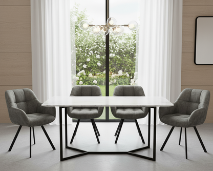 Modern dining room with a white table and gray chairs in front of large windows.