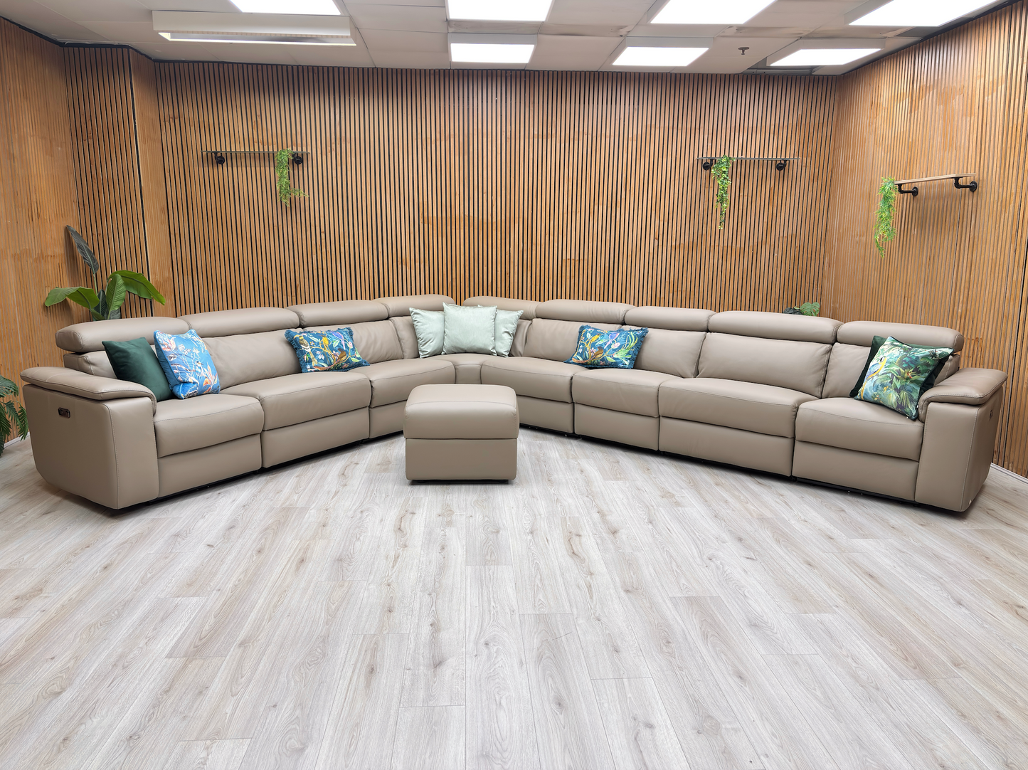 Nicoletti ‘Davide’ 312 Torello Taupe Leather 4 Corner 3 Power Recliner Sofa + Storage Footstool