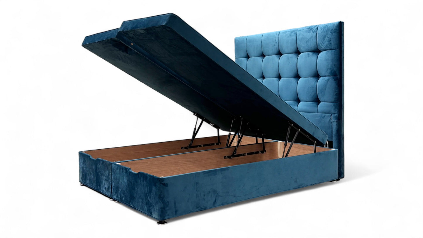 Sleep Story Memory Hybrid End Ottoman Divan Set + ‘Dice’ Floor Standing Headboard in Plush Atlantic Velvet - King