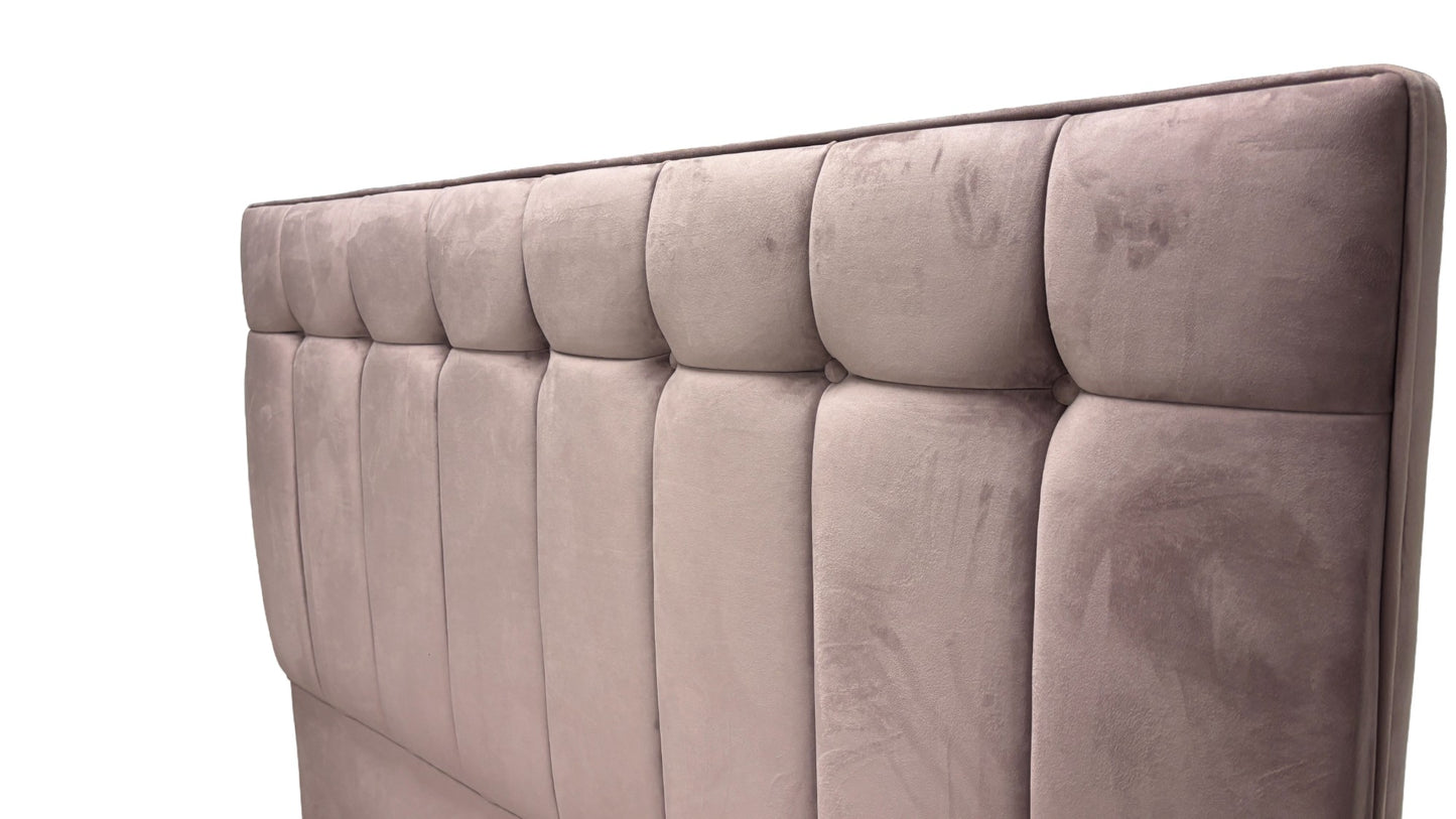 Sleep Story End-lift Ottoman Divan Base + Sleepeezee ‘Beam’ Floor Standing Headboard in Plush Light Pink Velvet - King