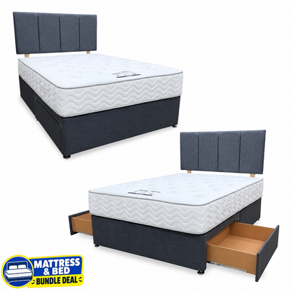 'Harold' Grey Fabric Strutted Headboard + 2 Drawer Divan Base + Lullaby 1500 Pocket Mattress Package Deal - Double