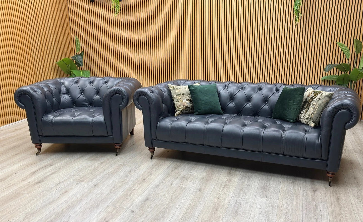 ‘Columbus’ Midnight Navy Blue Cat-200_85 Leather 3 Seater Sofa + Armchair