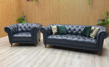 ‘Columbus’ Midnight Navy Blue Cat-200_85 Leather 3 Seater Sofa + Armchair