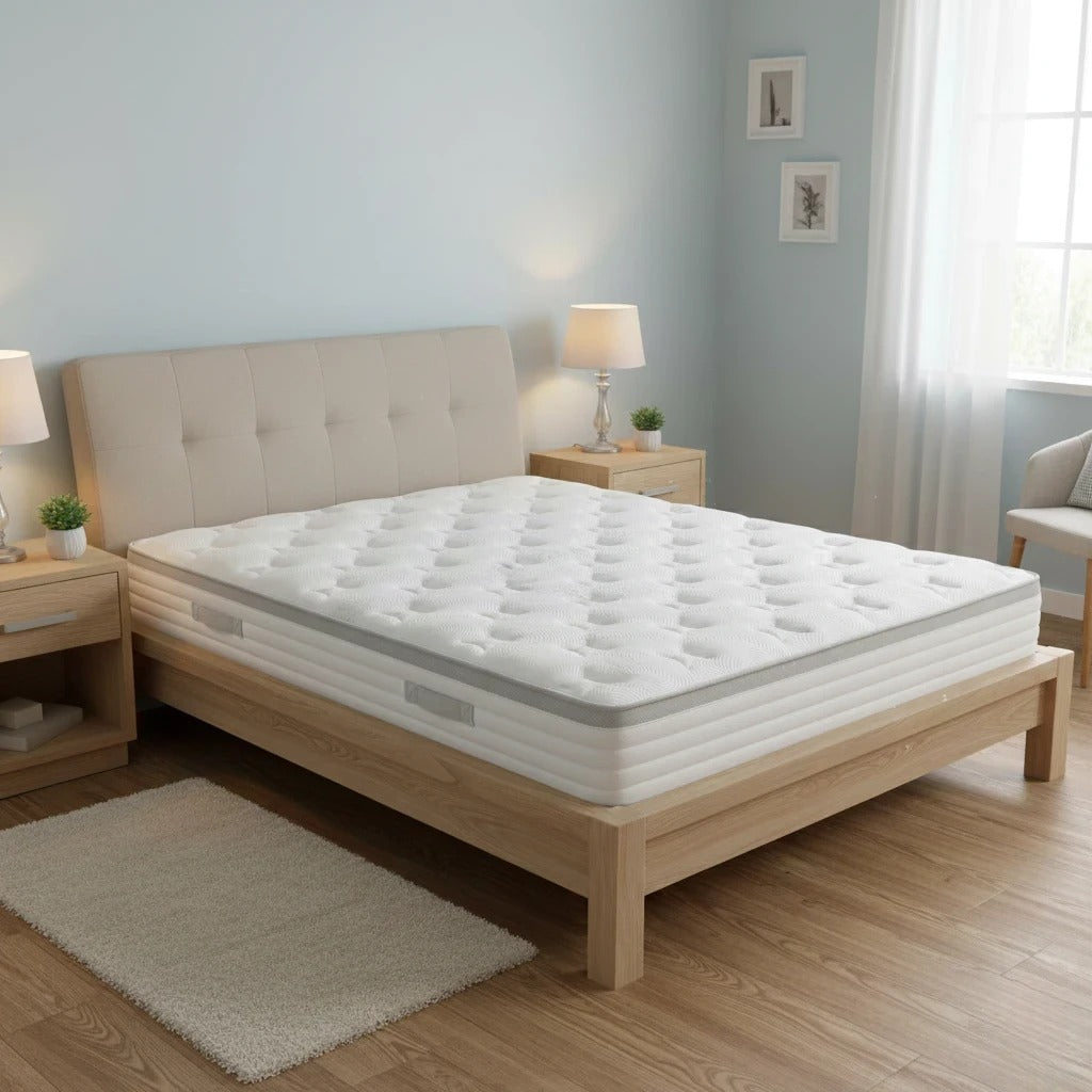 A bedroom with a mattress along with some small table on each side with some plants on it.