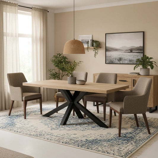 Dining room with a wooden table and chairs on a patterned rug.