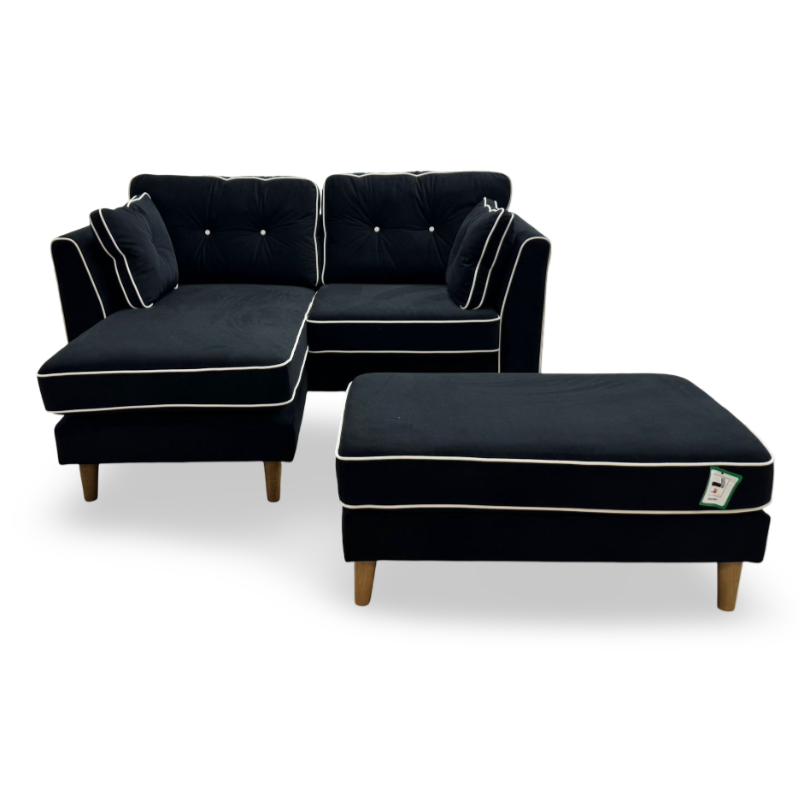 Rugby Black Velvet Fabric 3 Seater Reversible Lounger with Footstool