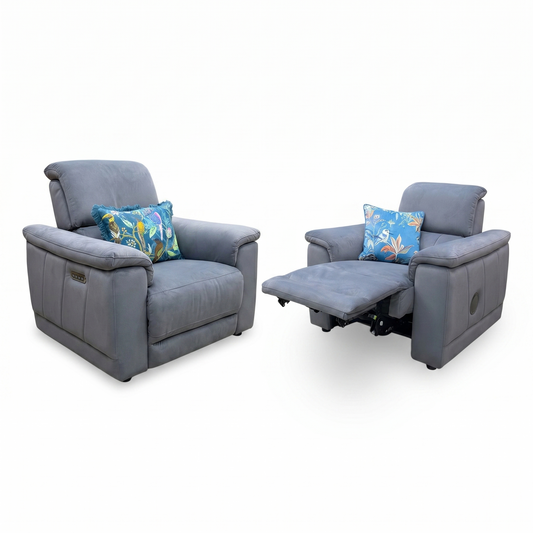 ‘Genius’ Bella Iron Grey 43460 Velvet Power Recliner Chairs with Power Headrest & Bluetooth Speaker Chair - Set of 2