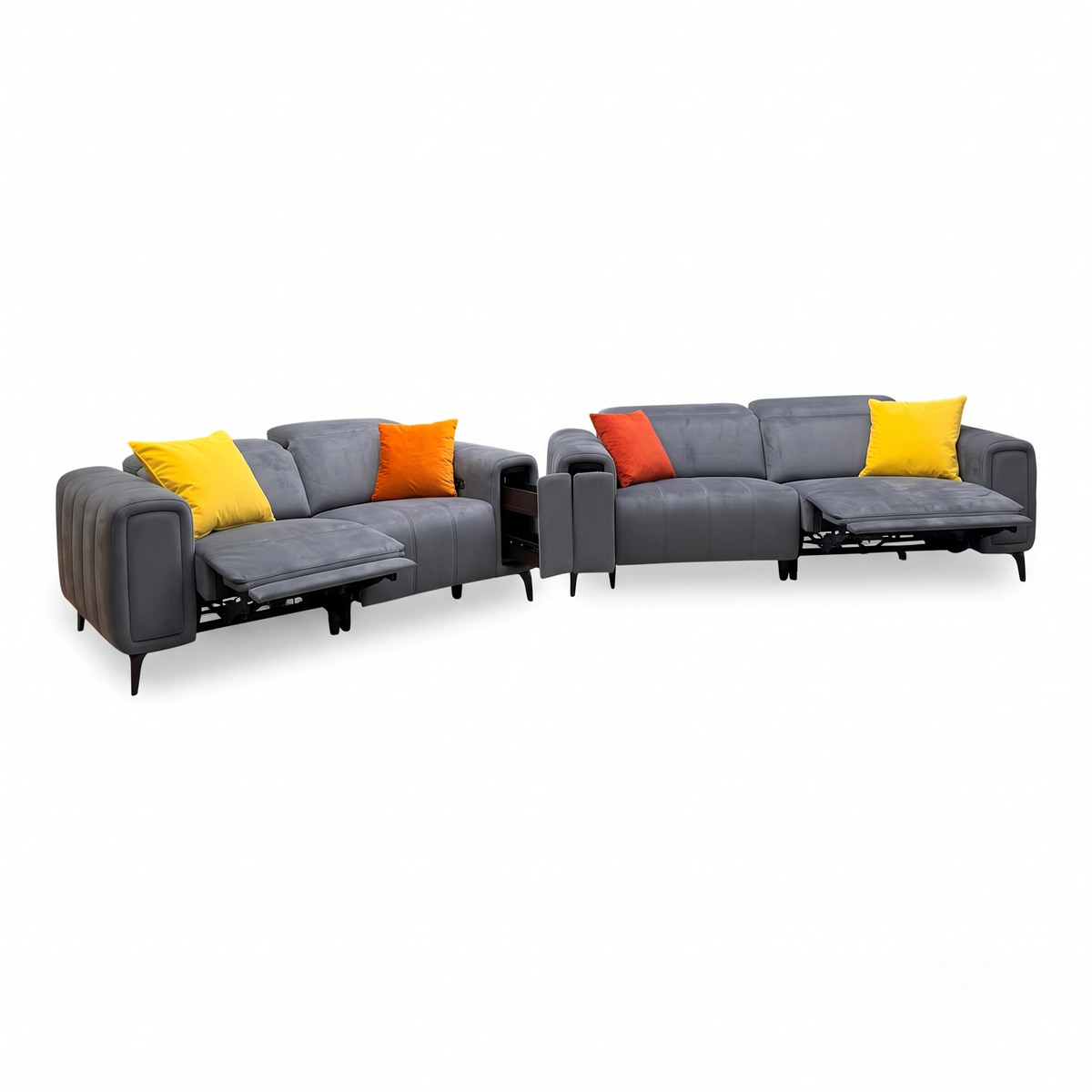 Elphaba granite grey velvet 3 + 2 seater power recliner sofa set with footrests extended and bright scatter cushions