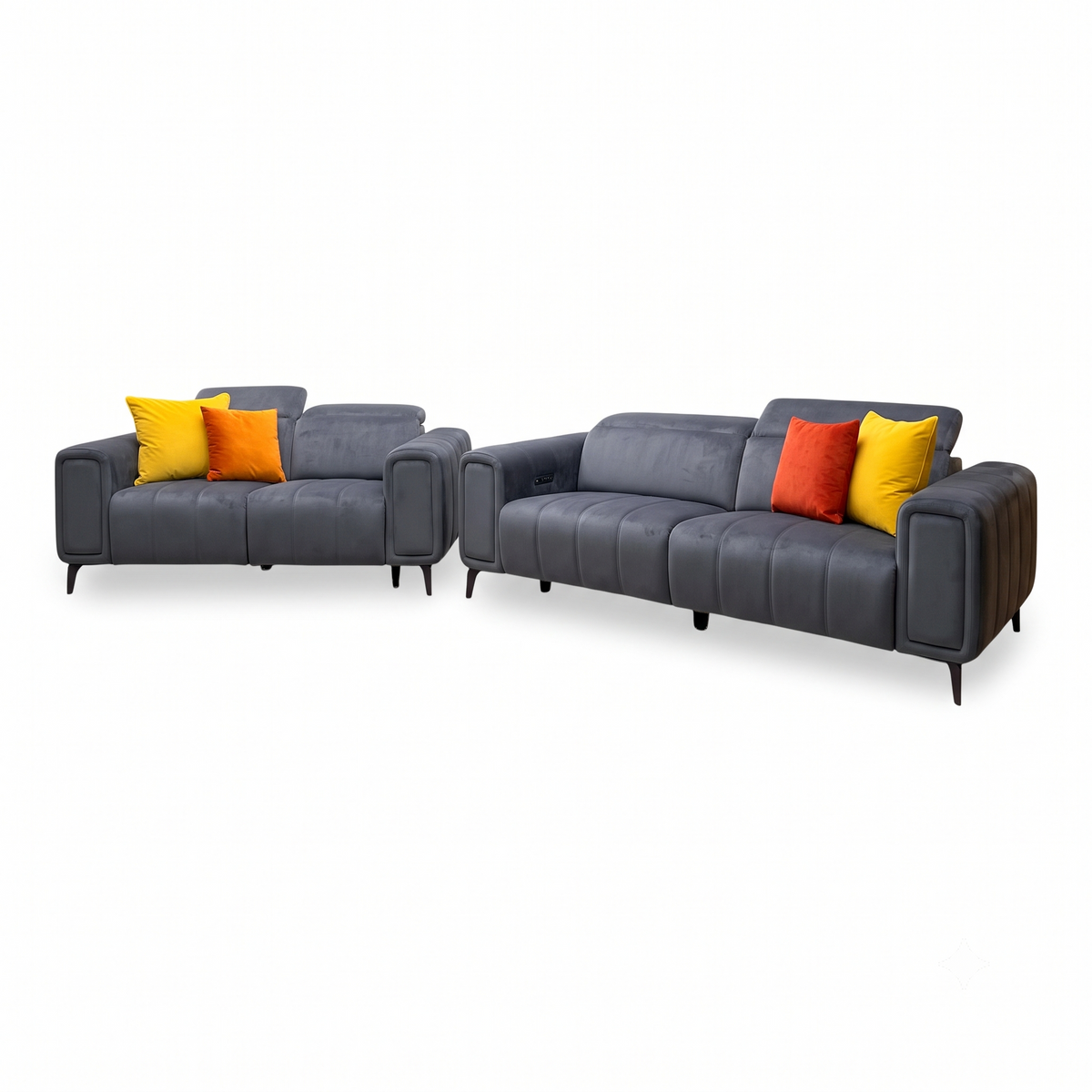 Elphaba granite grey velvet 2 seater and 3 seater sofas upright, angled view from the right on black tapered legs