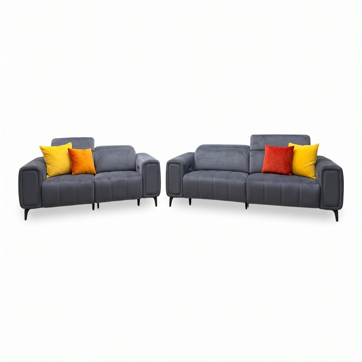 Front view of the Elphaba granite grey velvet 3 + 2 seater power recliner sofa set with the headrests raised