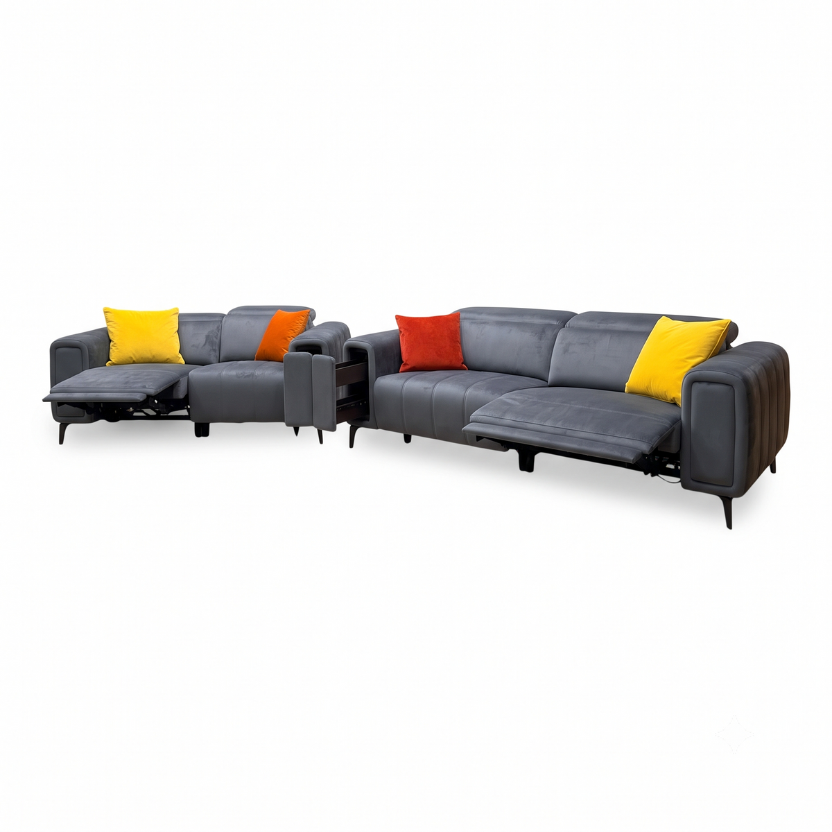 Elphaba granite grey velvet 3 and 2 seater sofas reclined with footrests up, angled view from the right
