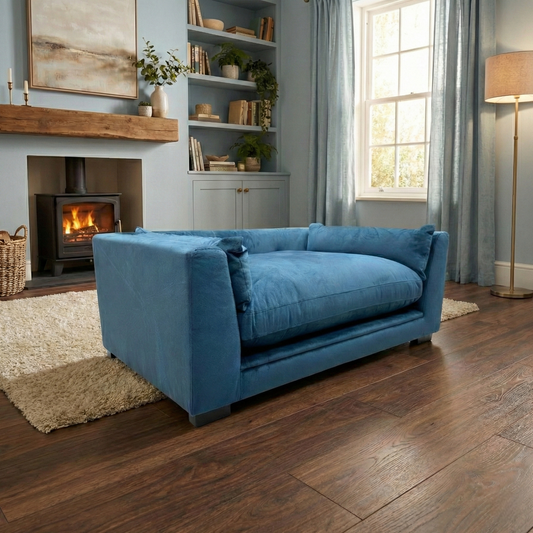 Living Room shot of the dark blue velvet pet sofa, highlighting the luxurious fabric and miniature contemporary silhouette.