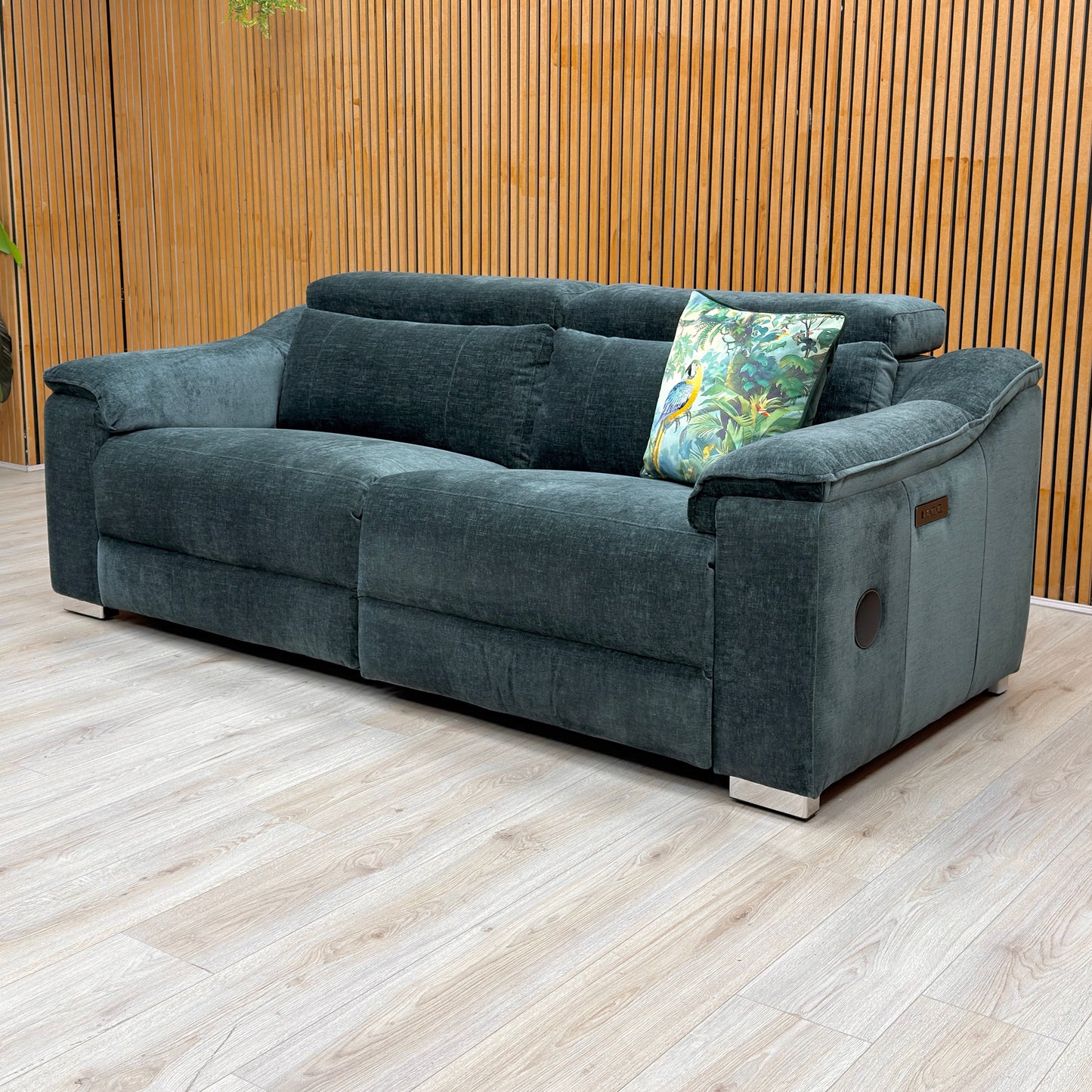 ‘Geneva' Forest Green Fabric 3 + 2 Seater Power Recliner Sofa Set with Power Headrests and Bluetooth Speakers