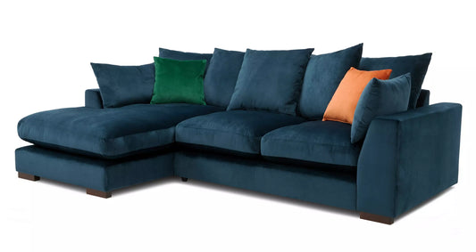 ‘Plush’ Dark Blue Sensual Velvet Pillow Back Left Hand Facing Small Chaise End Sofa