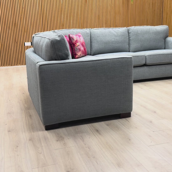 Video demonstration of the 'Elora' corner sofa, highlighting comfort, fabric quality, and structural design.