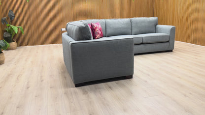 Video demonstration of the 'Elora' corner sofa, highlighting comfort, fabric quality, and structural design.