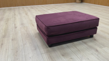 Video tour of The Lounge Co. ‘Isobel’ Frosted Grape Purple Velvet Footstool, demonstrating the luxury fabric quality and build.