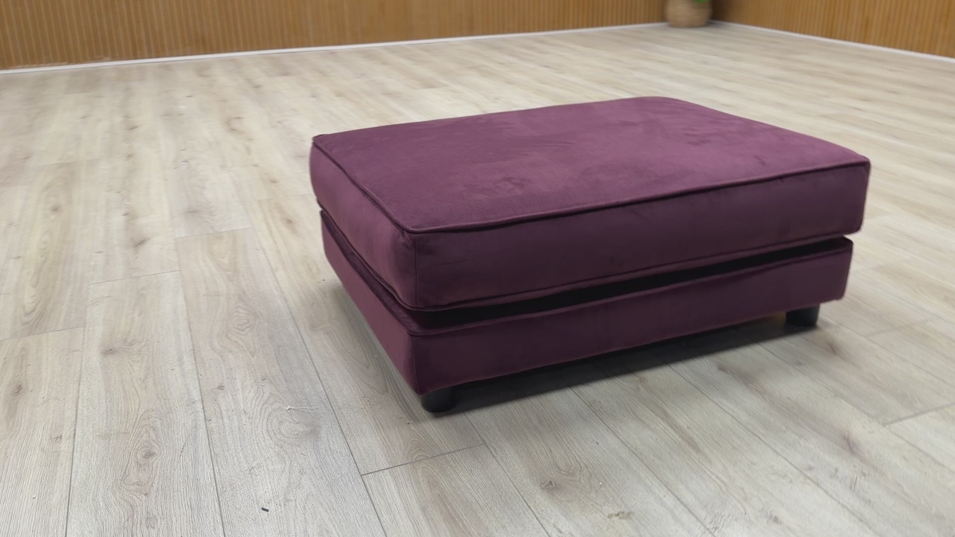 Video tour of The Lounge Co. ‘Isobel’ Frosted Grape Purple Velvet Footstool, demonstrating the luxury fabric quality and build.